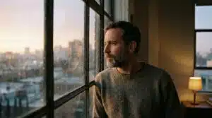 אדם מבוגר מביט דרך חלון על נוף אורבני מטושטש, הממחיש קוצר ראייה מתקדם.