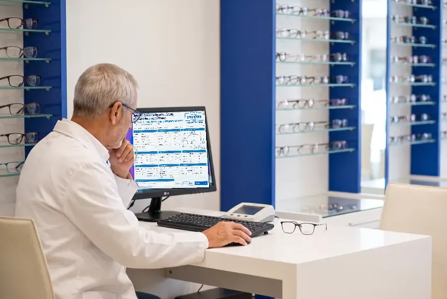 מולטיפוקל שלא הסתדר? בדיקת OPTOMAX | אופטיקה עיניים פ"ת האופטומטריסט ממלא את הטופס הדיגיטלי לתכנון וייצור העדשות על מסך המחשב
